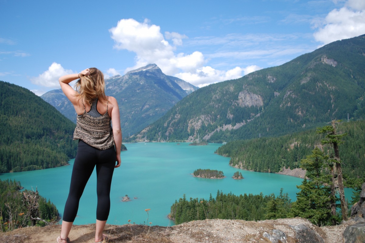 Marvel at the stunning Diablo Lake, nestled within the serene embrace of the North Cascades.